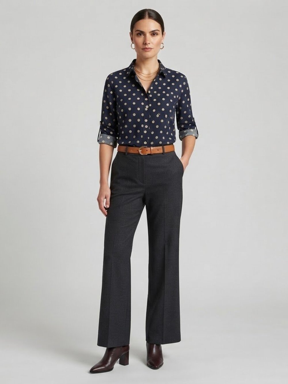 Ann Taylor - Button Down Collared Shirt | Size Small | Navy & White Polka Dots